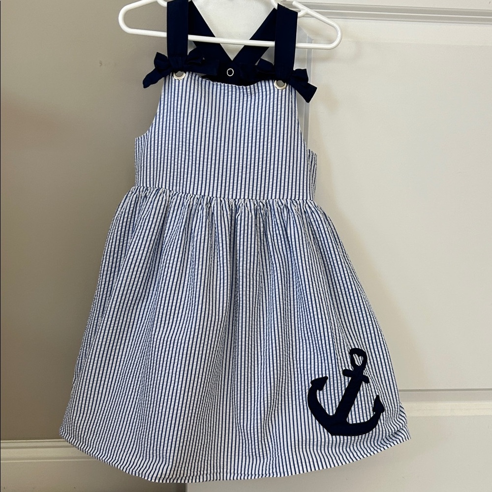 Tahari Seersucker Dress Sz 7 w MEASUREMENTS Anchor Appliqué, Navy Blue Bows